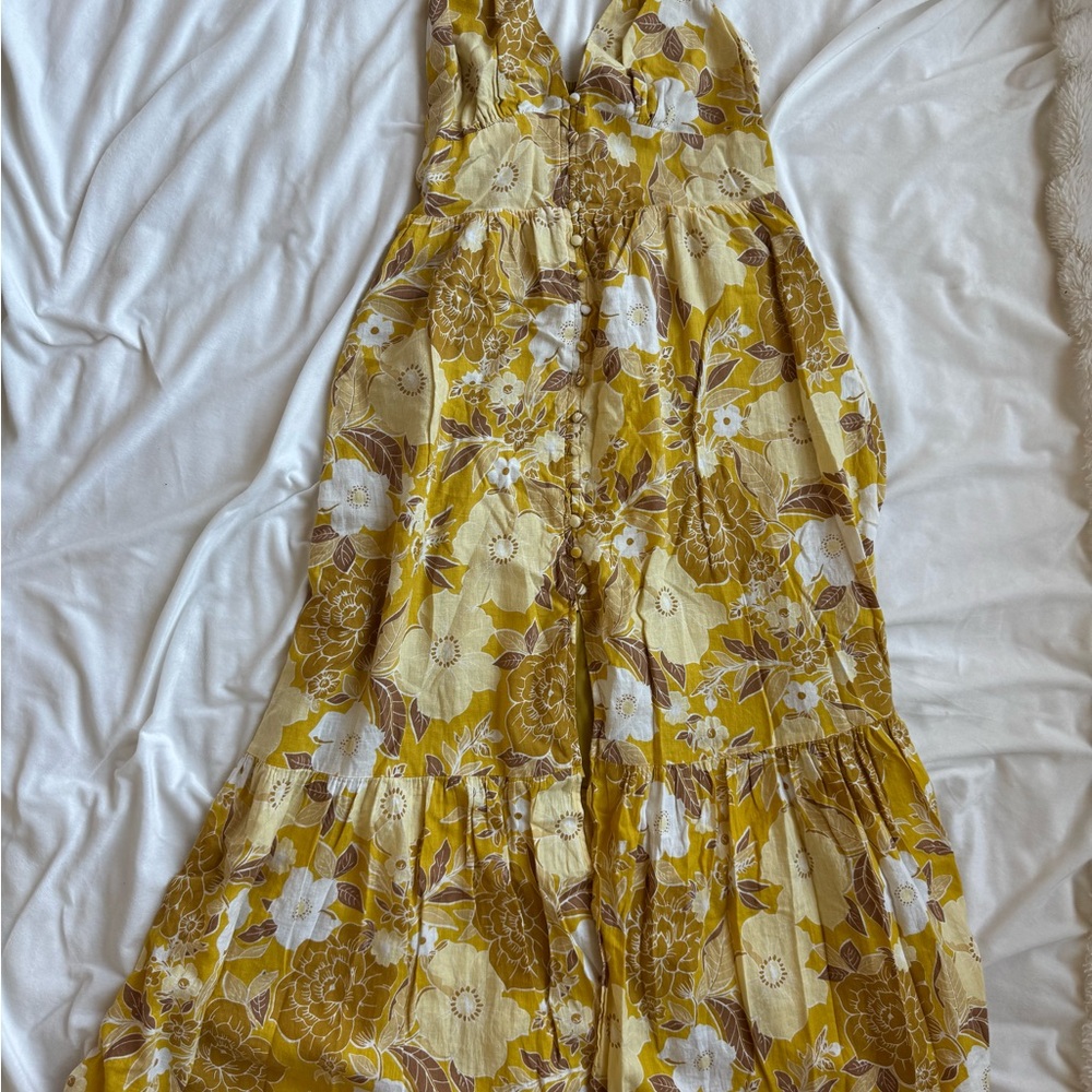 Abercrombie Button Front Floral Yellow Tiered Maxi Dress